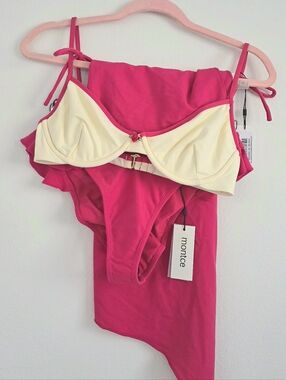 Montce RoseTwo-Tone Cream & Raspberry Underwire Bikini Top and Bottom Set